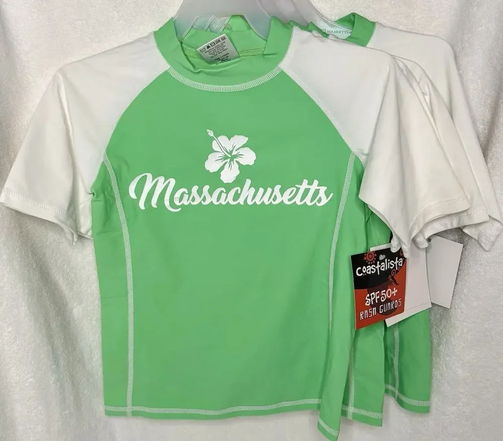 Coastalista Girls Small Rash Guard Swim Top Shirt SPF+ 50 MASSACHUSETTS Souvenir